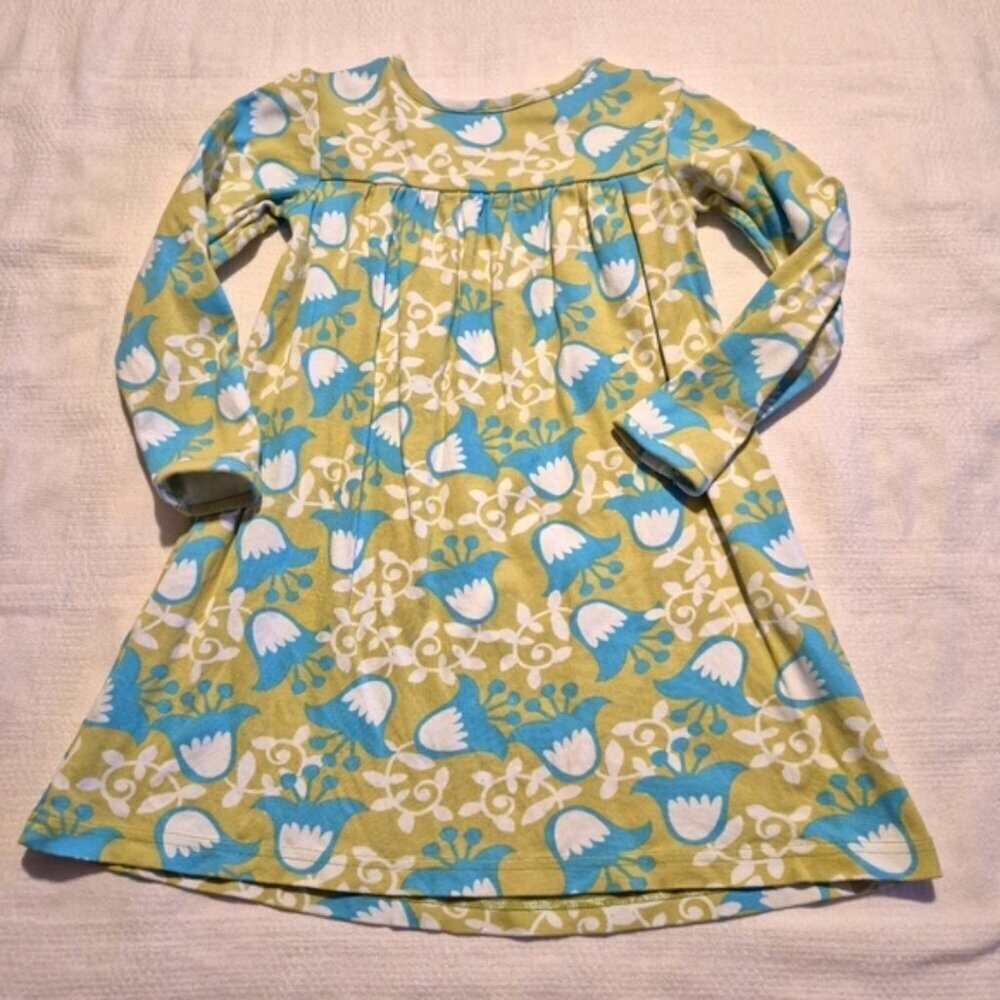 Hanna Andersson girls size 110 or 5 dress green teal and white long sleeve dress